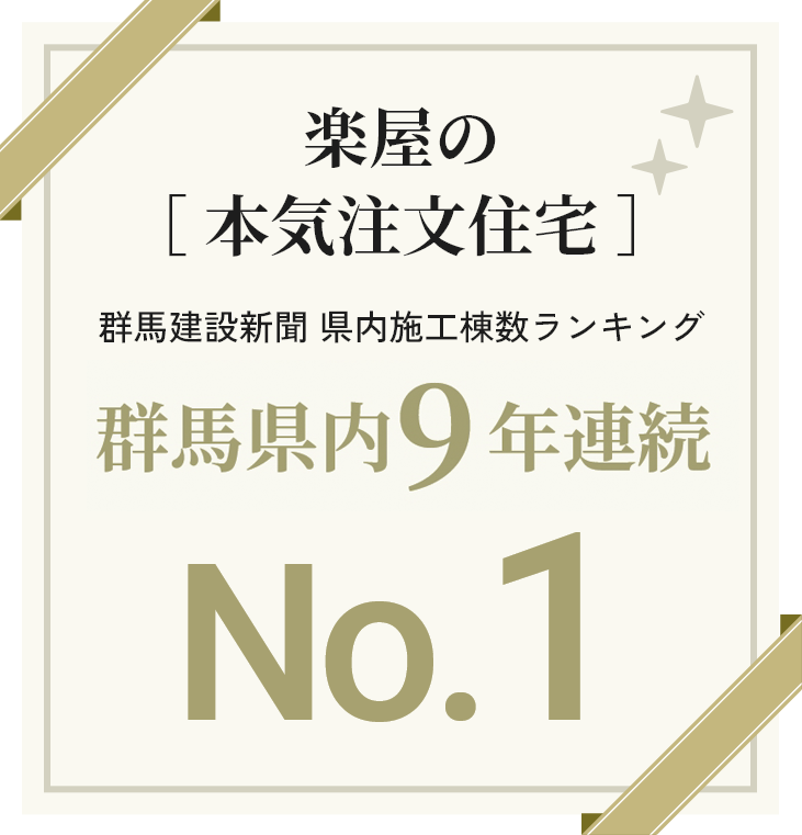 楽屋の［ 本気注文住宅 ］群馬建設新聞 県内施工棟数ランキング群馬県内9年連続No.1